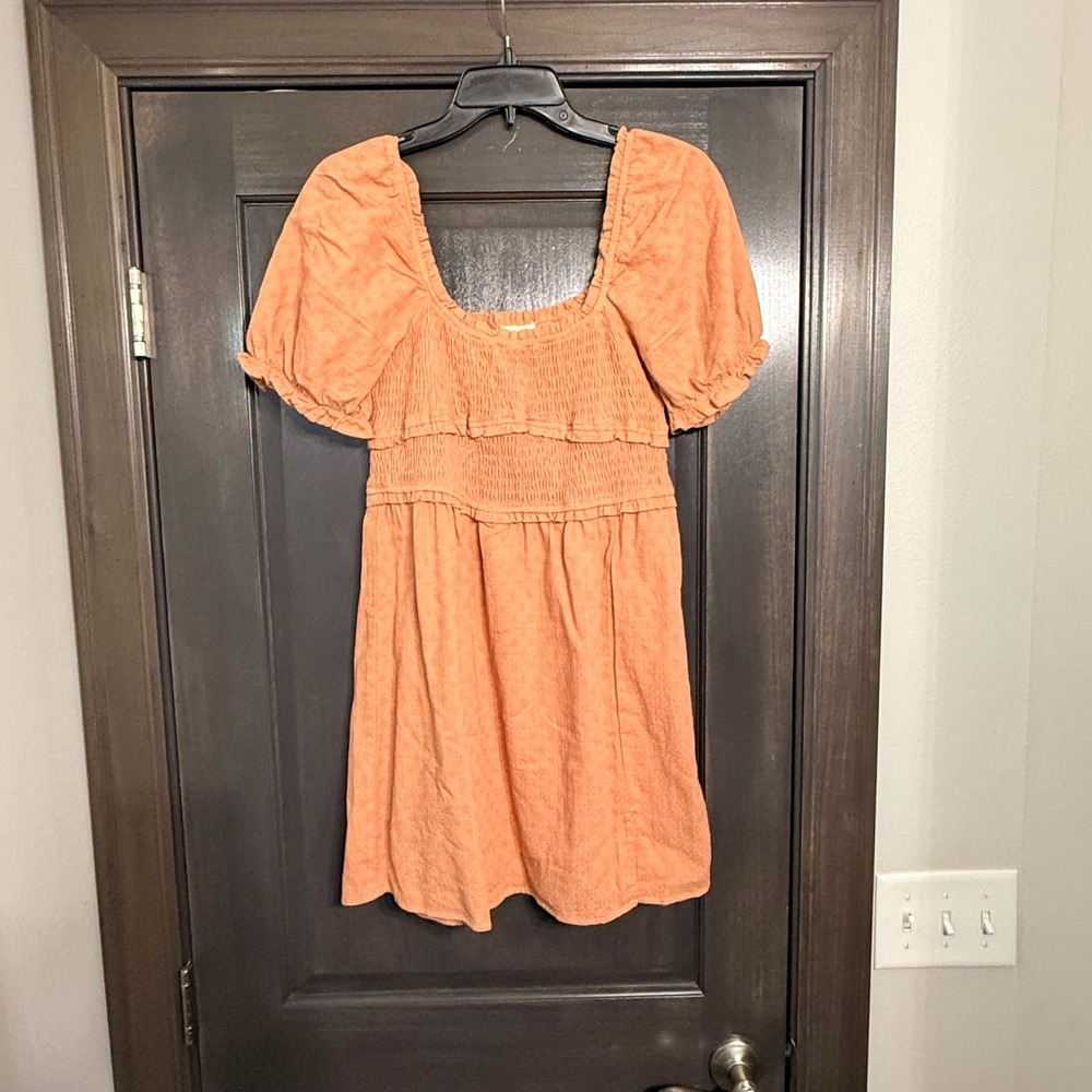 Altar'd State Womens Smocked Puff Sleeve Mini Dress Orange Terracotta M BD4918